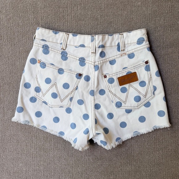 Wrangler Pants - Billabong x Wrangler Polka Dot High Waisted Denim Shorts White Blue 26